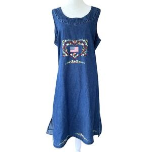 Vtg Agapo Denim Jumper Dress Size 18/20 Embroidered American Flag Floral Teacher